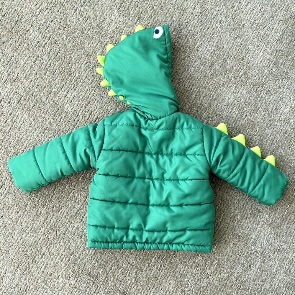Little Me Green Dinosaur Quilted Puffer Coat W/Hood Size 12 Months - Picture 6 of 7